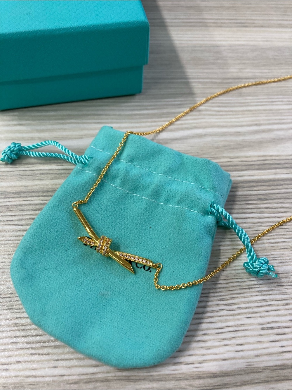 Gold Knot Bar Pendant Necklace in Aqua